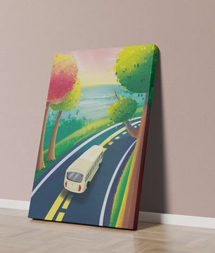 Scenic Road Trip with Vibrant Trees and Sunset