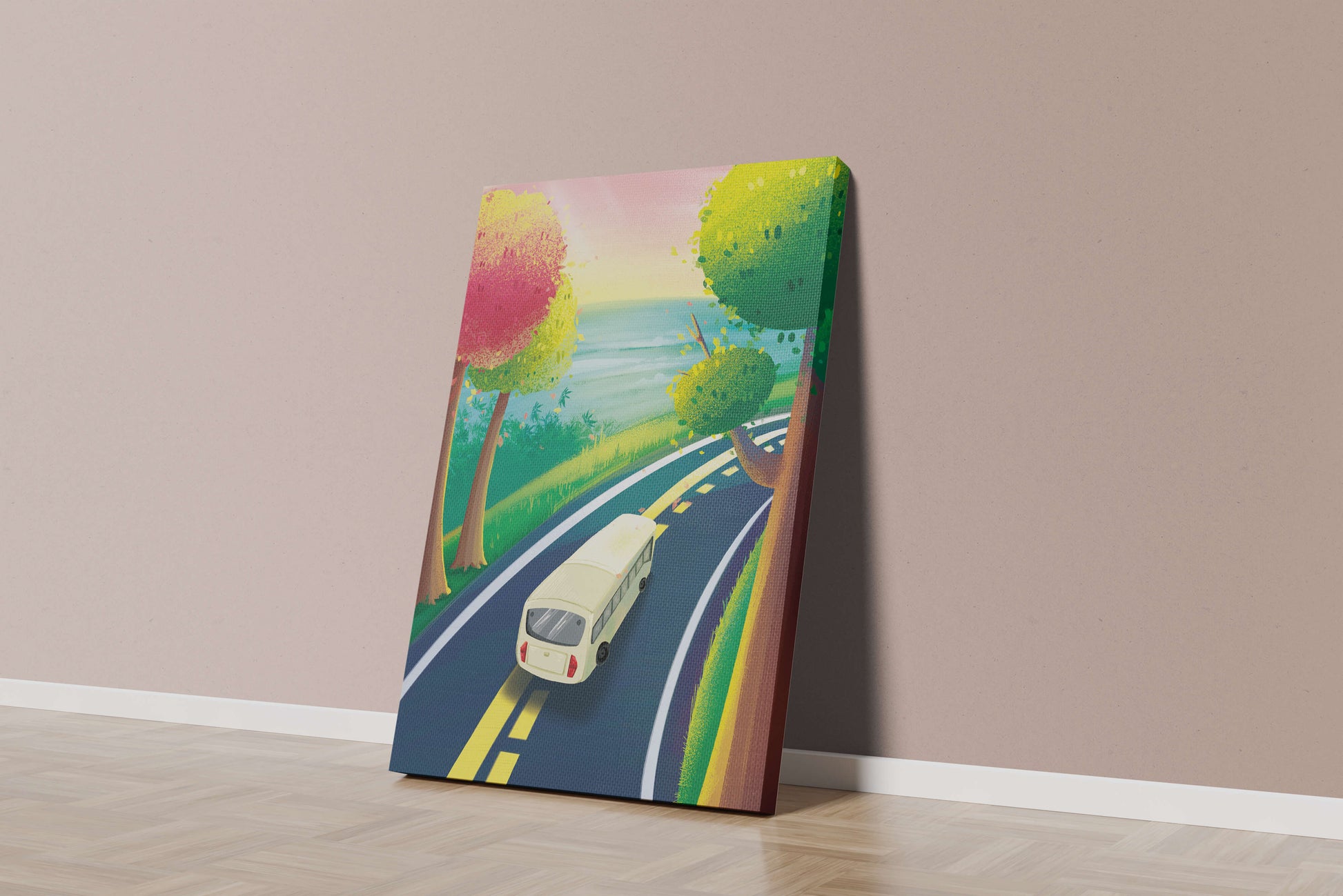 Scenic Road Trip with Vibrant Trees and Sunset