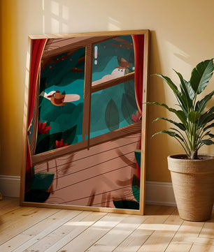 Bird Sitting by an Open Window Overlooking a Lush Garden