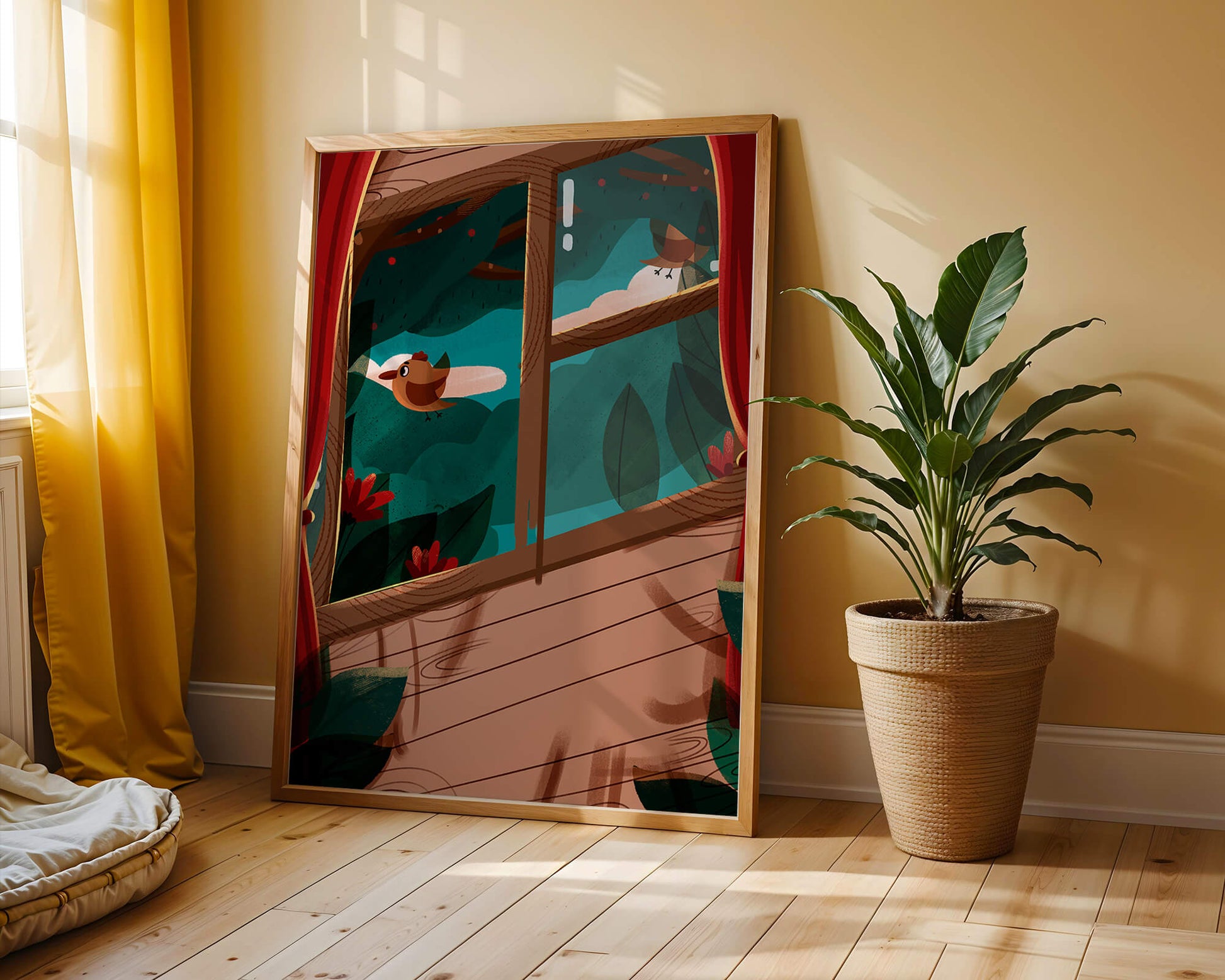 Bird Sitting by an Open Window Overlooking a Lush Garden