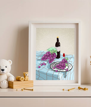 Still Life with Grapes and Wine Bottle on a Checkered Tablecloth - Mi tienda