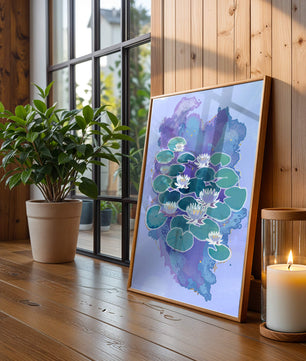 Serene aquatic scene with water lilies on abstract colorful background