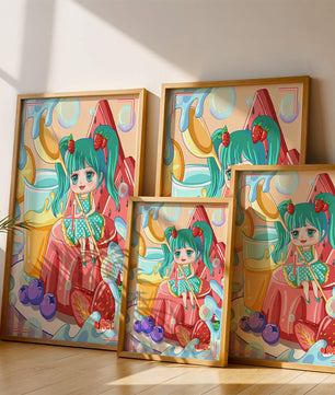 Scène de dessert fantaisiste avec un personnage mignon et des couleurs vives