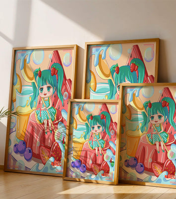 Whimsical dessert scene with cute character and vibrant colors