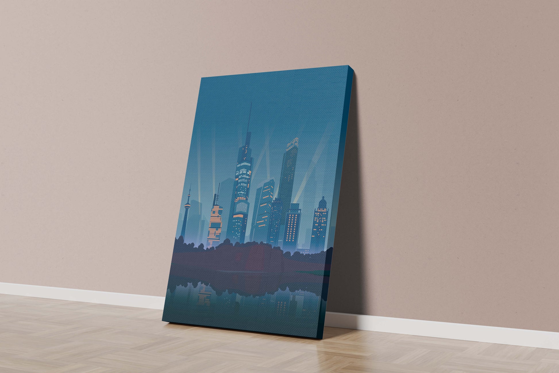 Modern cityscape with illuminated skyscrapers reflecting on water