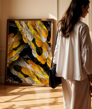Abstract Composition with Yellow and White Feathers on a Black Background - Mi tienda