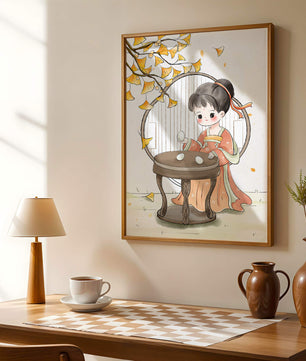 Charmante illustration d'une fille en tenue traditionnelle avec des feuilles de ginkgo