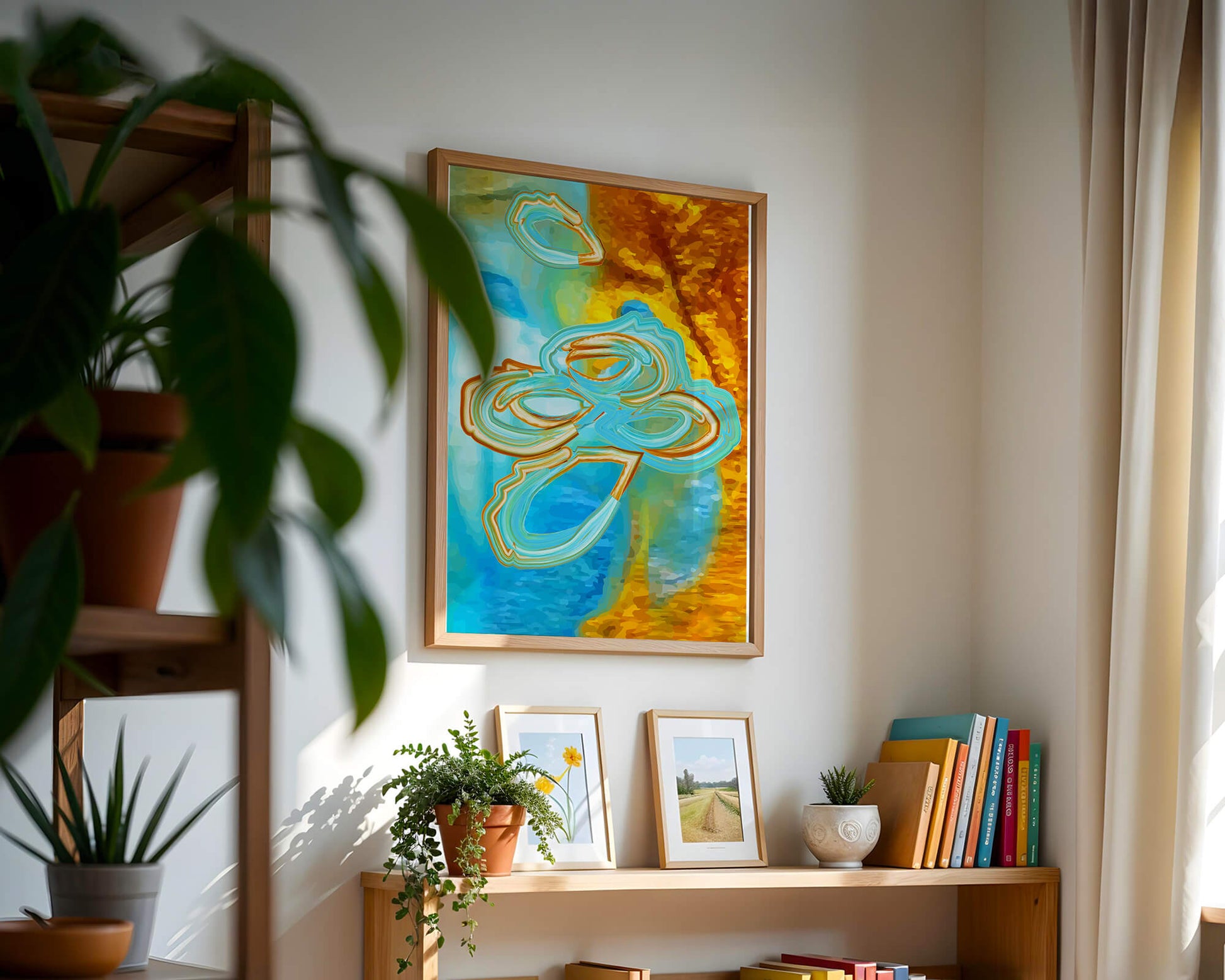 Abstract vibrant swirls in blue and orange colors