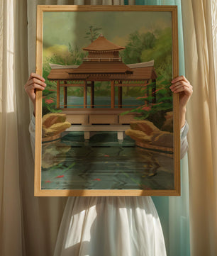 Traditional Japanese Garden Pavilion with Scenic Pond and Lush Greenery
