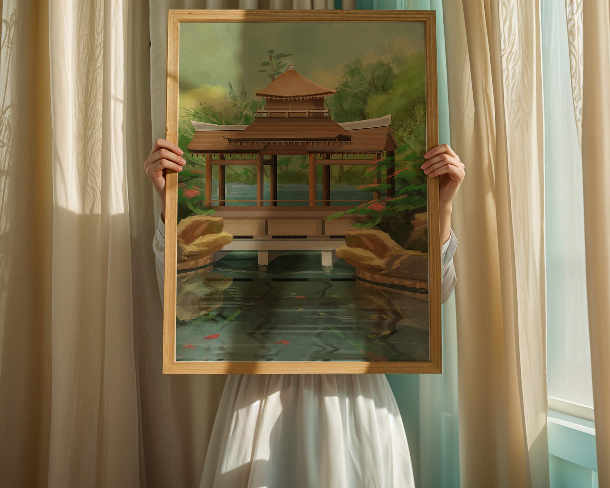 Traditional Japanese Garden Pavilion with Scenic Pond and Lush Greenery