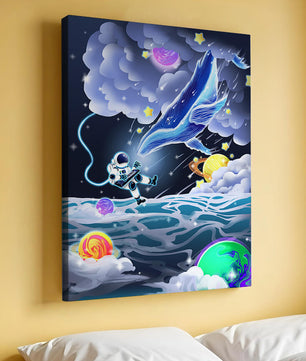 Astronaut Exploring a Surreal Cosmic Ocean with a Glowing Whale