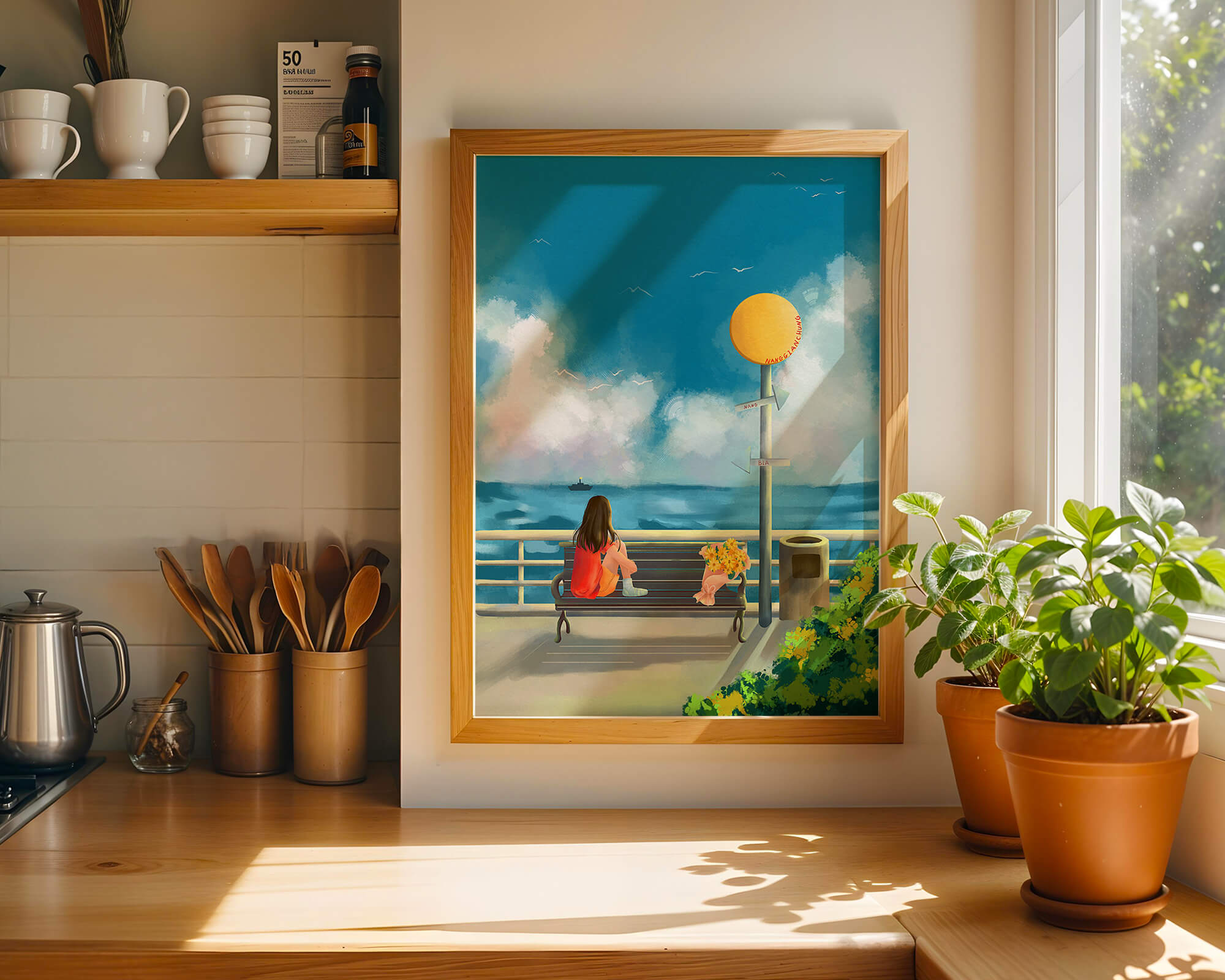 Serene waterfront scene with woman on bench facing the sea