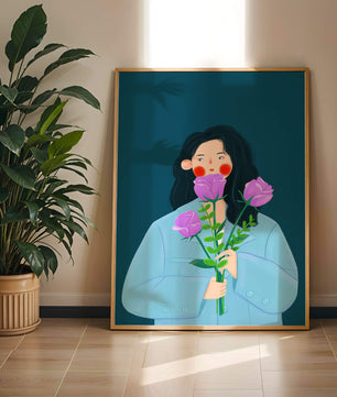 Illustration of a woman with purple flowers on a teal background