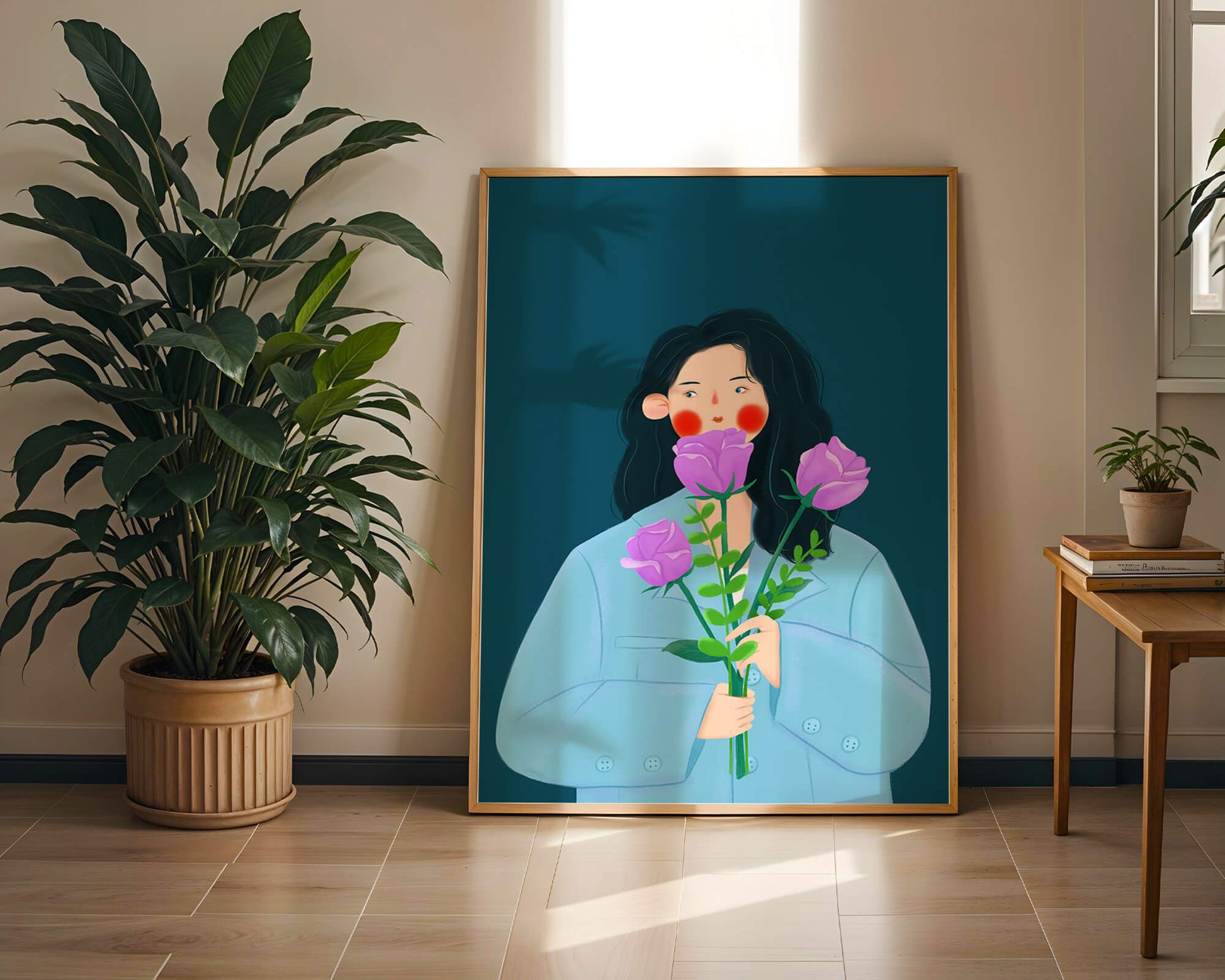 Illustration of a woman with purple flowers on a teal background