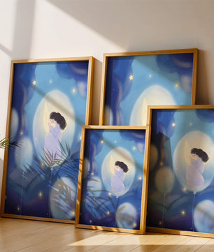 Dreamlike night sky with a girl on a moon enveloped by stars and balloons