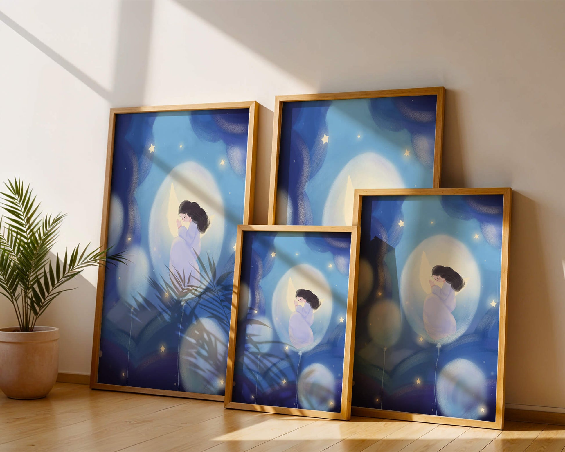 Dreamlike night sky with a girl on a moon enveloped by stars and balloons