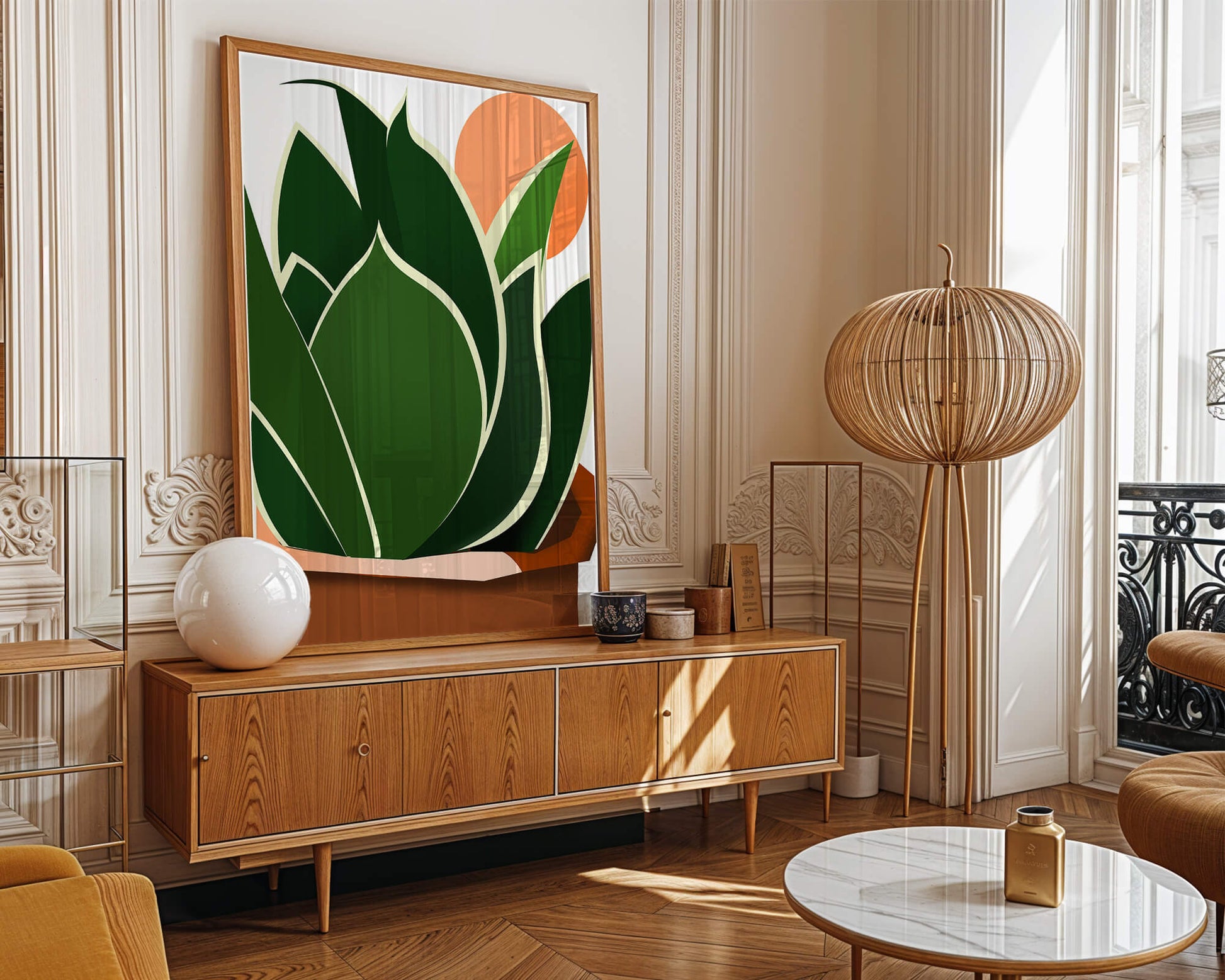 Ilustración contemporánea de una planta serpiente con fondo de amanecer