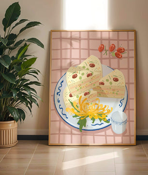 Illustration of layered cake on patterned plate with flowers and a cup