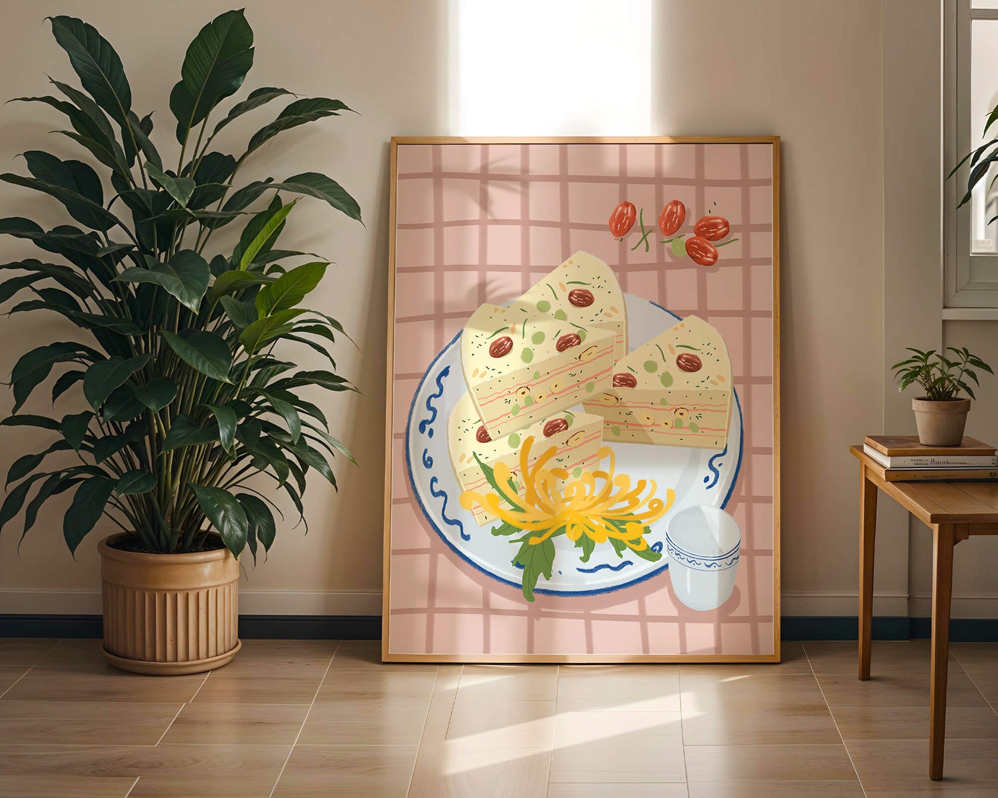 Illustration of layered cake on patterned plate with flowers and a cup