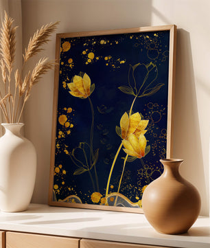 Elegant floral artwork with golden accents on deep blue background