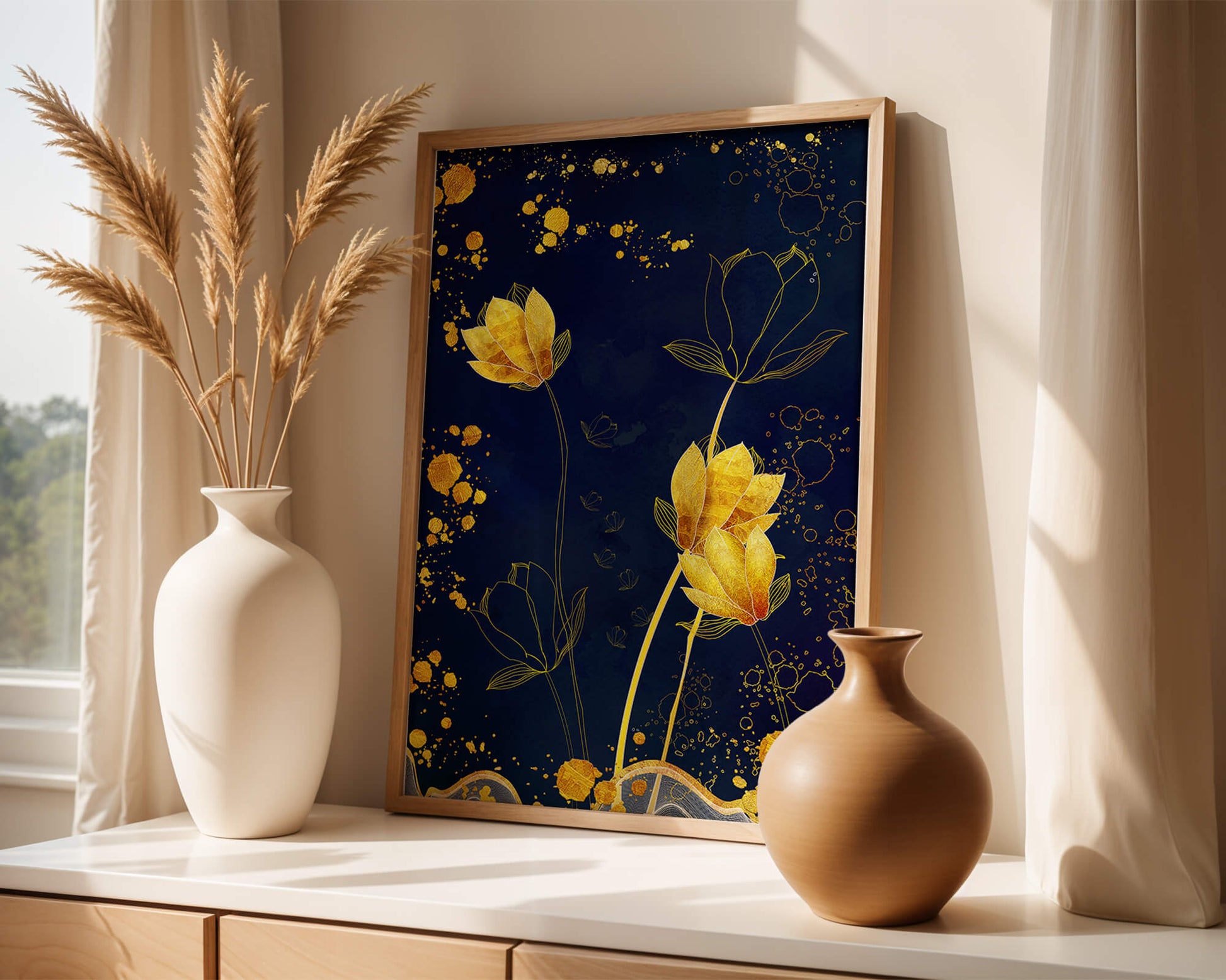 Elegant floral artwork with golden accents on deep blue background