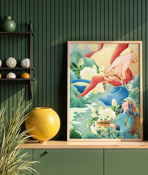 Escena ilustrativa de la cultura del té con montañas y elementos florales