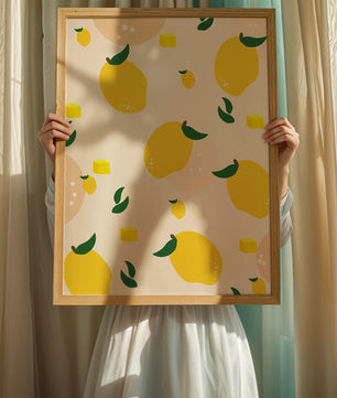 Playful lemon pattern with green leaves and abstract shapes