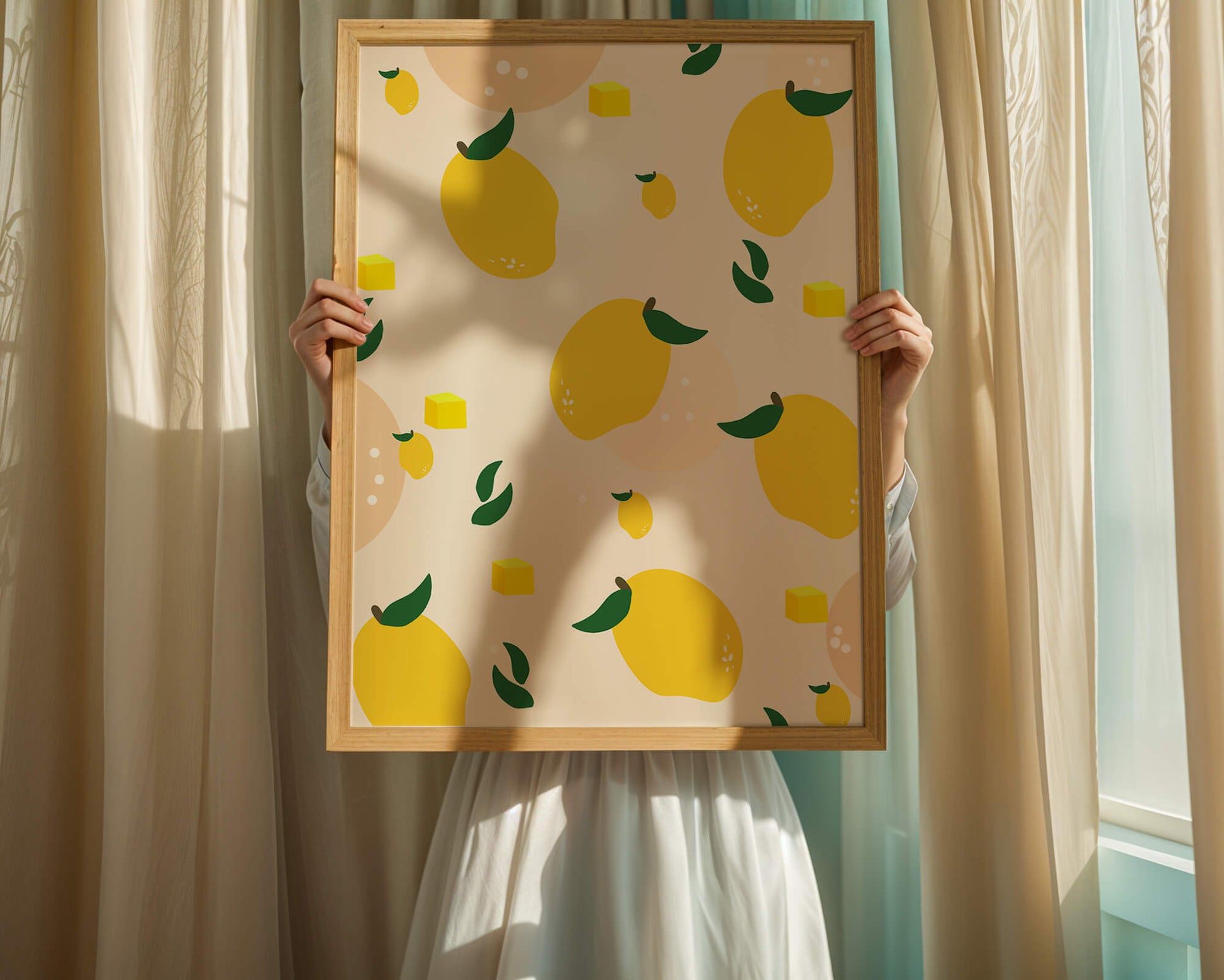 Playful lemon pattern with green leaves and abstract shapes