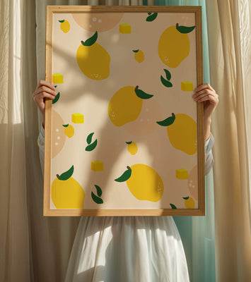 Playful lemon pattern with green leaves and abstract shapes