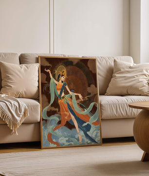 Elegant depiction of an ethereal dancer in vibrant traditional attire
