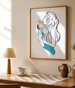 Ilustración estilizada de una mujer con una flor y elementos abstractos