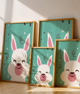 Adorable cartoon bunny on teal background with playful elements