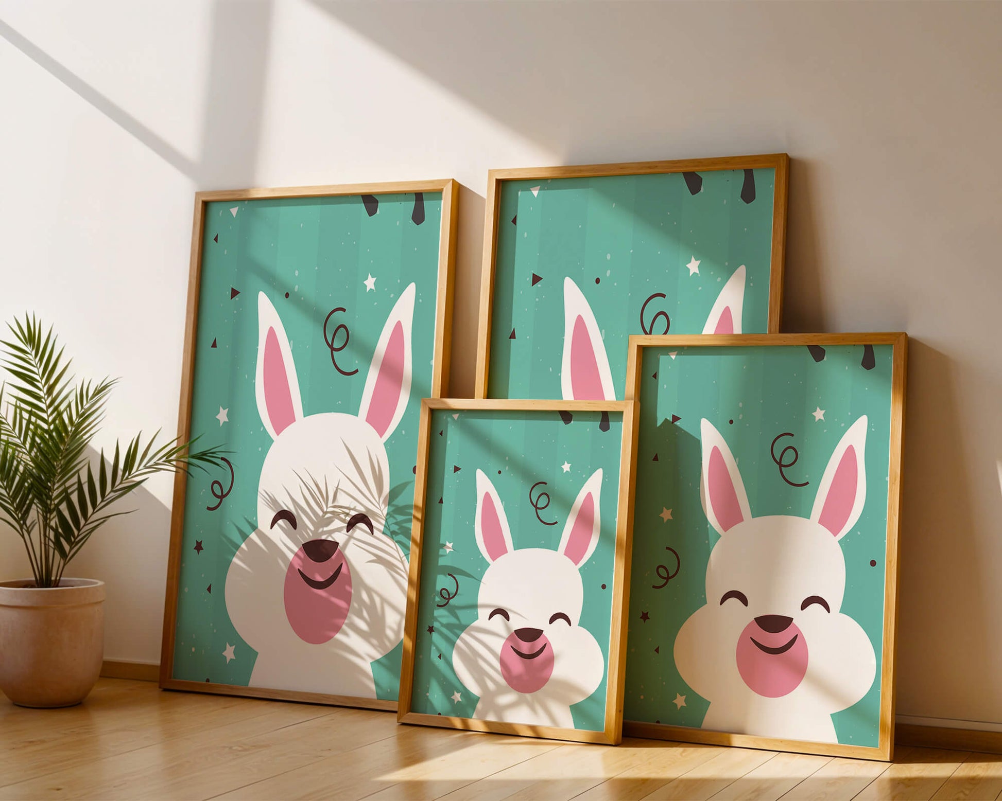 Adorable cartoon bunny on teal background with playful elements