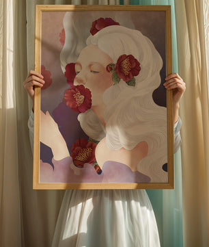 Retrato onírico de una mujer con cabello blanco y flores rojas