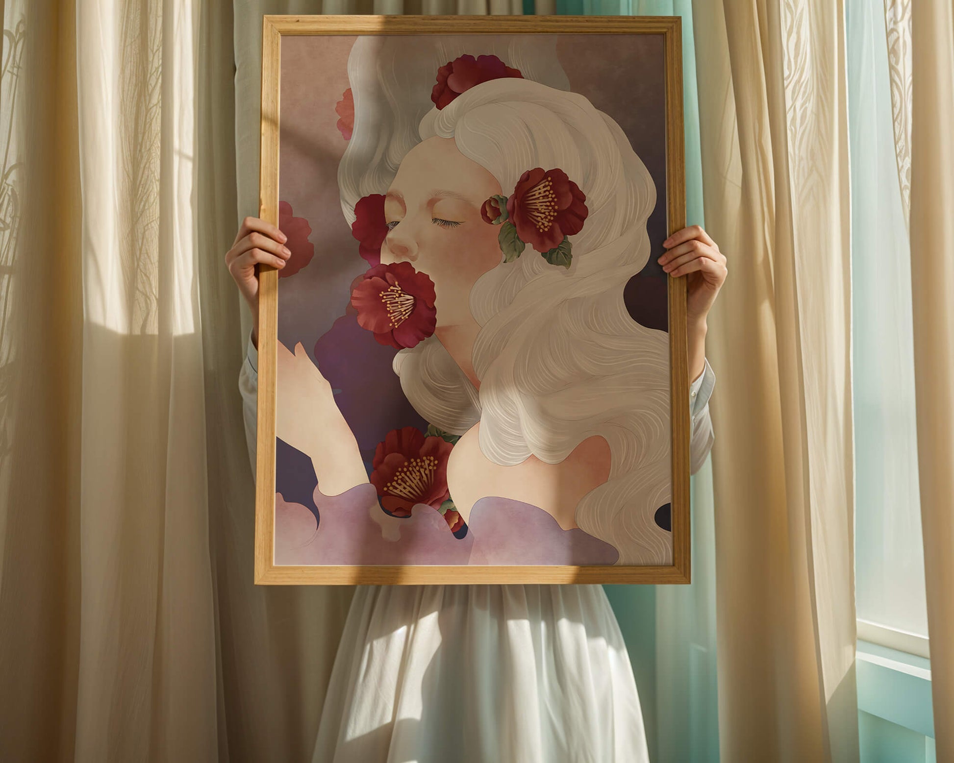Dreamy Portrait of a Woman with White Hair and Red Flowers