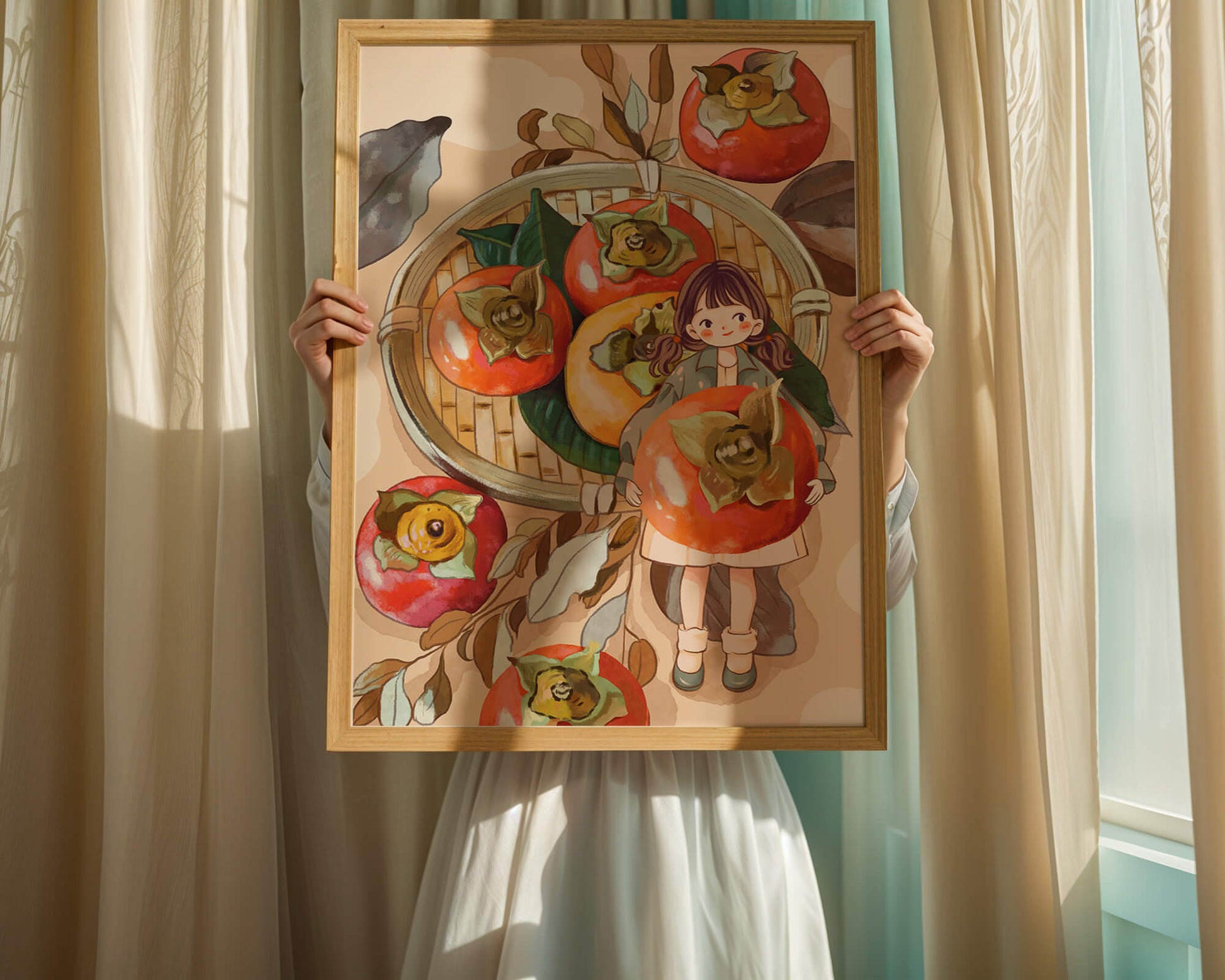 Joven sosteniendo un dátil en una escena de cosecha caprichosa