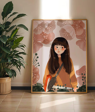 Ilustración de una niña con flores en tonos pasteles suaves