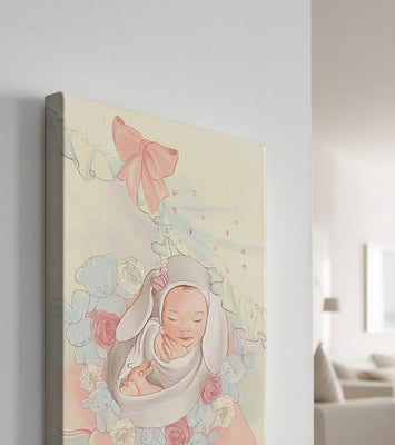 Sweet sleeping baby surrounded by soft pastel decorations