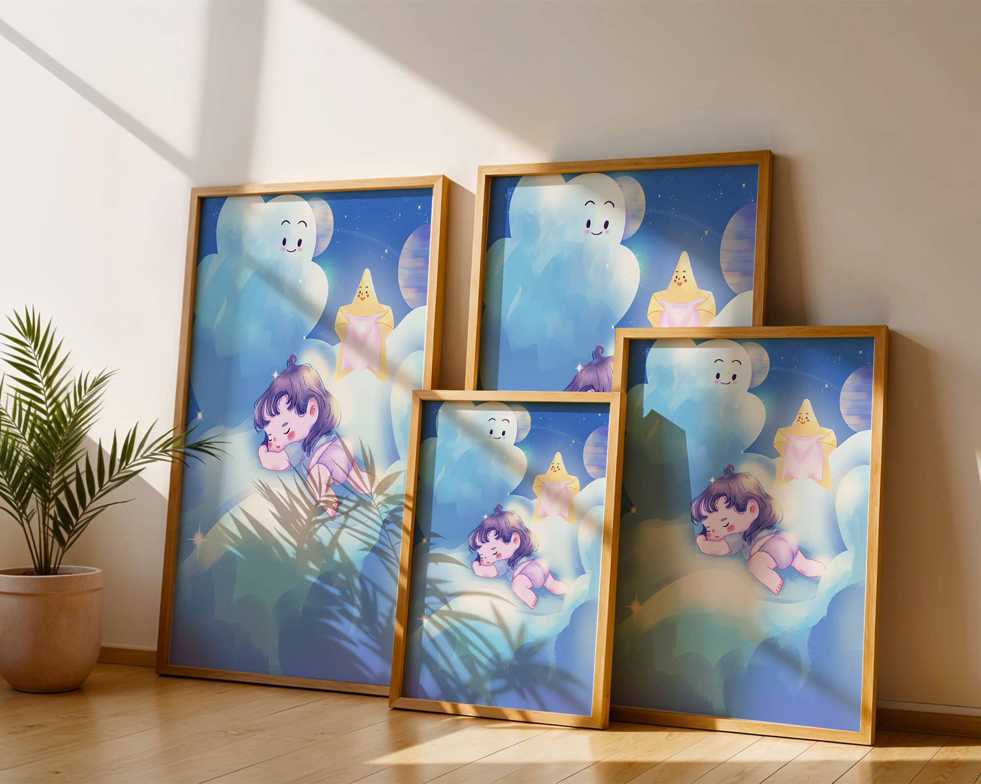 Dreamy illustration of sleeping child on clouds with smiling cloud and star