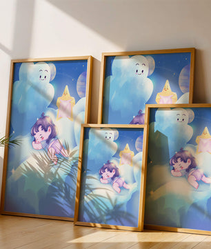 Dreamy illustration of sleeping child on clouds with smiling cloud and star
