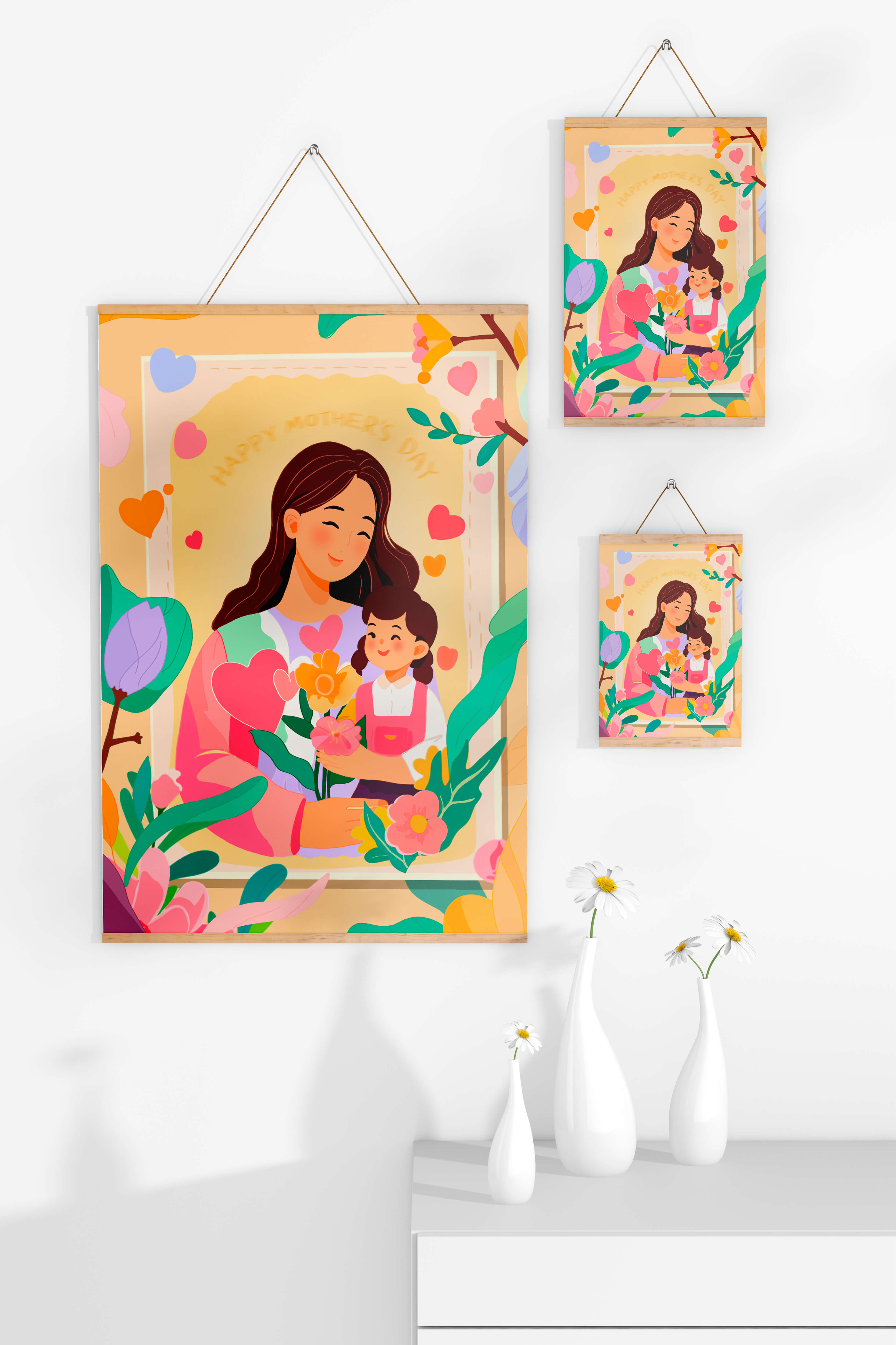 Illustration of mother and daughter with flowers for Mother's Day
