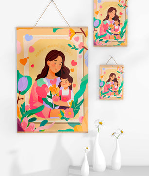 Ilustración de madre e hija con flores para el Día de la Madre