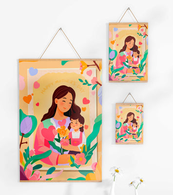 Illustration of mother and daughter with flowers for Mother's Day