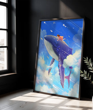 Illustration onirique d'une fille chevauchant une baleine à travers le ciel