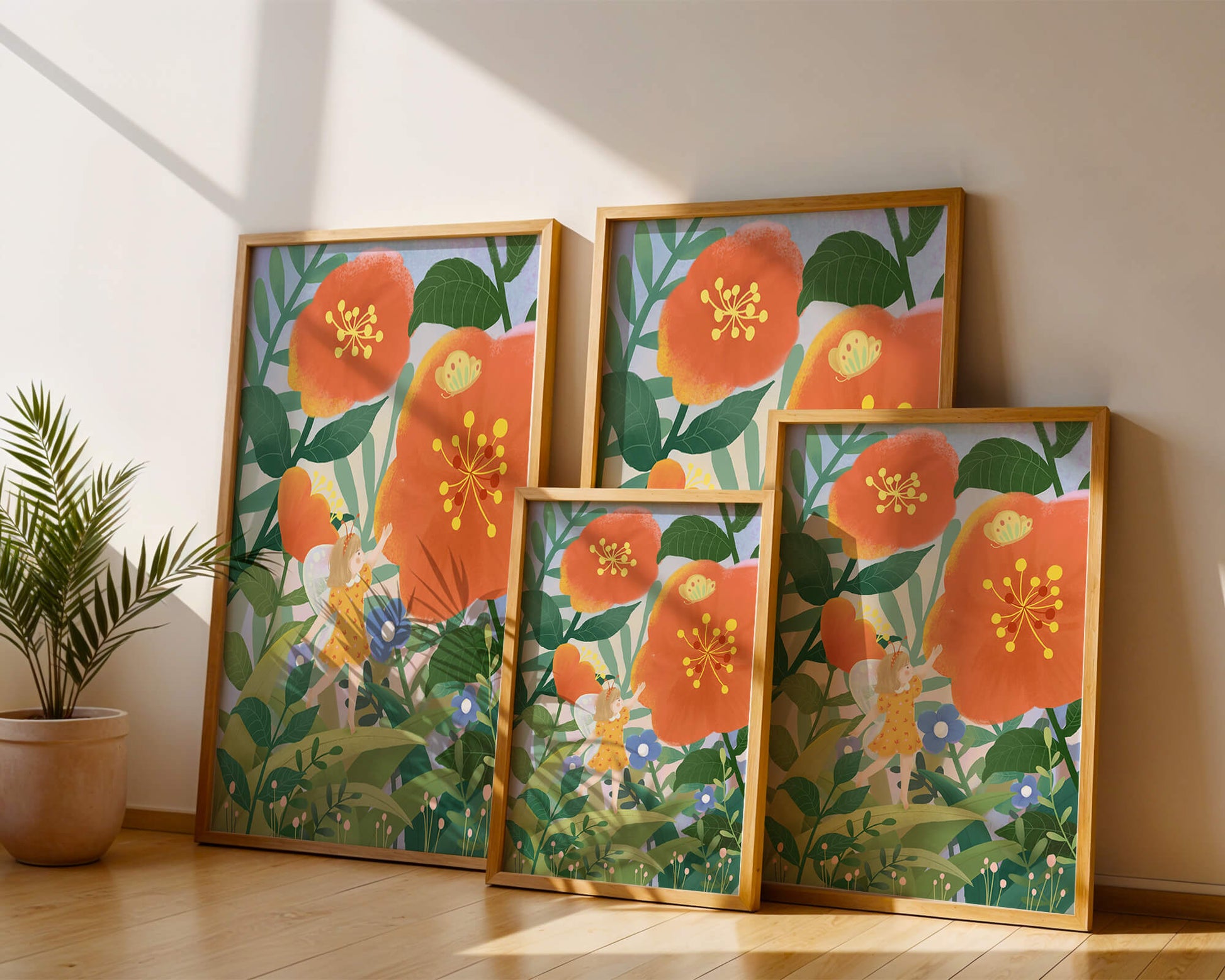 Whimsical illustration of a fairy child in a vibrant floral landscape