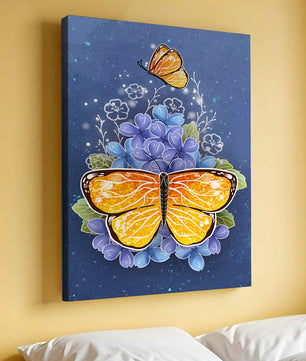 Colorida ilustración de mariposa y flores azules