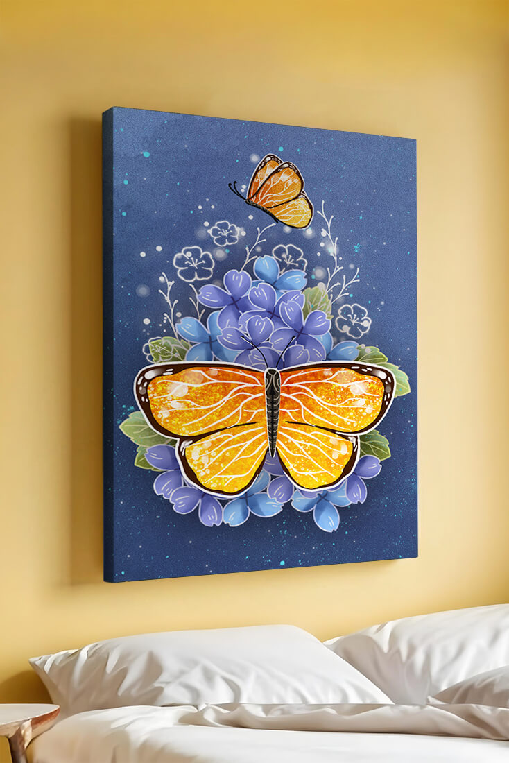Colorida ilustración de mariposa y flores azules