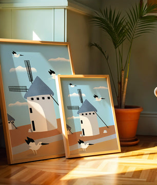 Windmill Landscape with Birds in a Minimalist Style