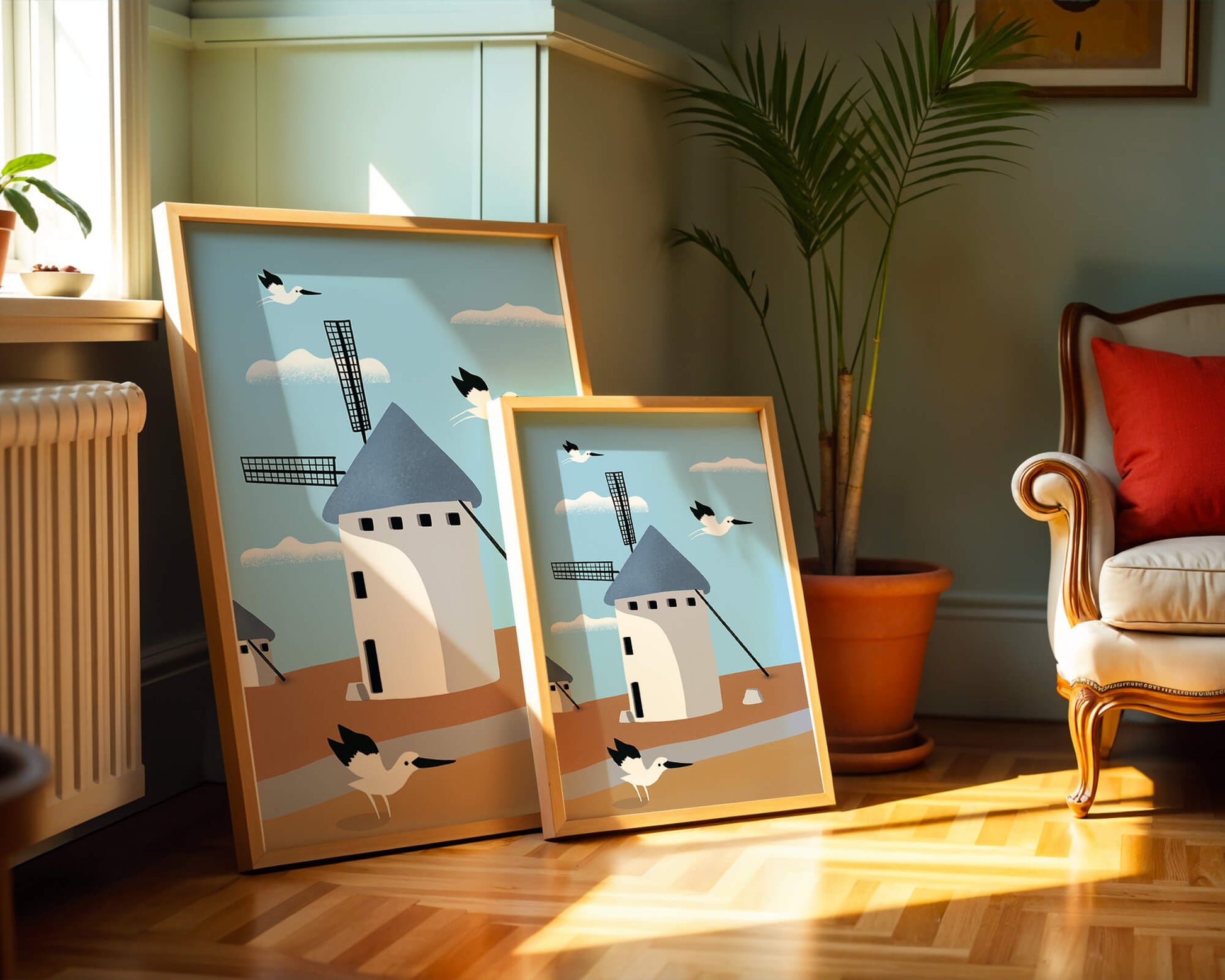 Paisaje de molino de viento con pájaros en estilo minimalista