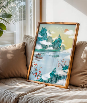 Serene lake scene with traditional boat and mountains under morning sun